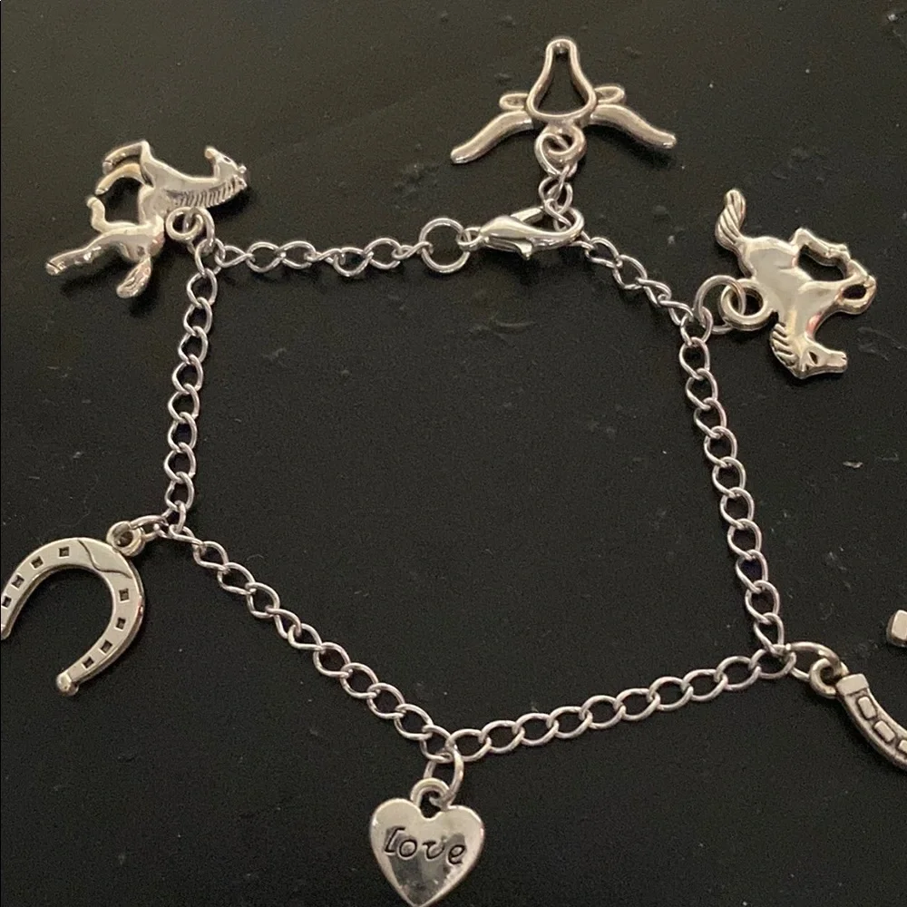 Silver Charm Bracelet with Heart and Horseshoe Charms Hand Crafted